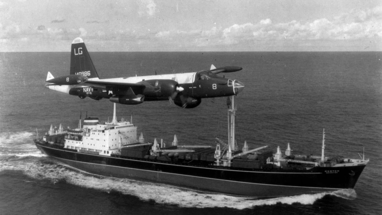 US jet over Soviet freighter during Cuban Missile Crisis