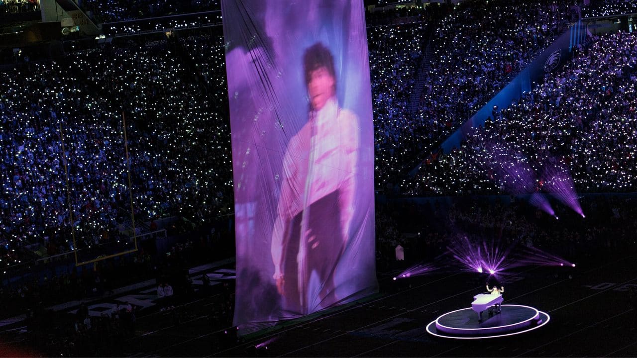 A projection of Prince shows up as Justin Timberlake plays piano at the Super Bowl Half Time Show, Minneapolis MN.