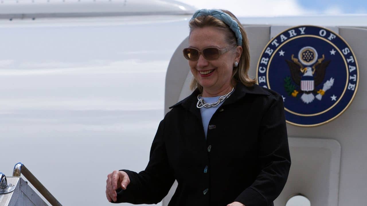 U.S. Secretary of State Hillary Rodham Clinton steps off the plane in Melbourne, Australia, on November 7, 2010.