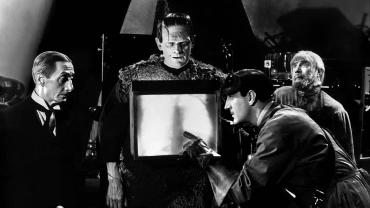 Basil Rathbone, Boris Karloff, Edgar Norton, and Bela Lugosi in Son of Frankenstein (1939)