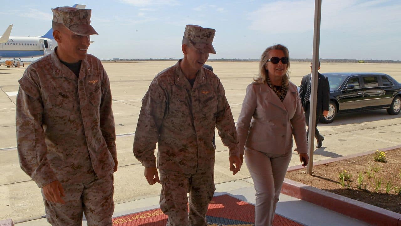 U.S. Secretary of State Hillary Rodham Clinton, right, tours Marine Corps Air Station (MCAS) Miramar, Calif.
