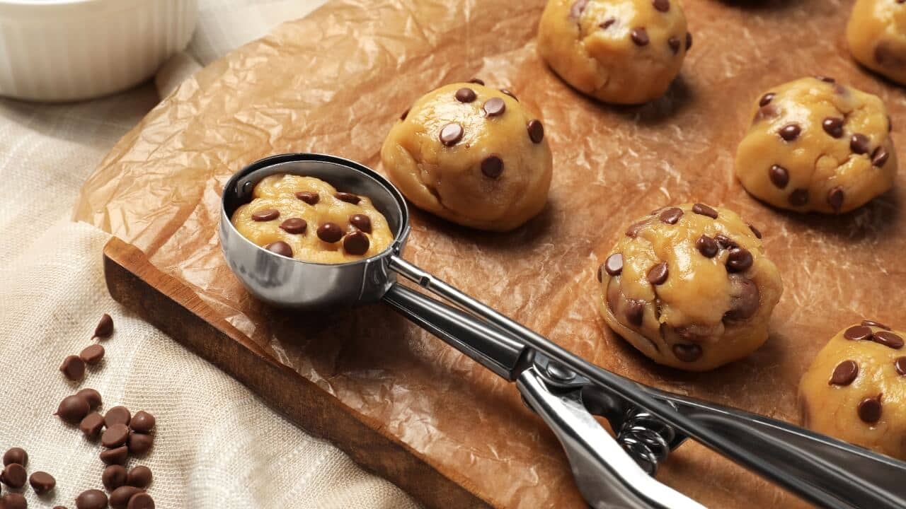 Cookie Scoop, chocolate chip cookies, chocolate chips, baking sheet, parchment paper, bakery, food, eat, baking