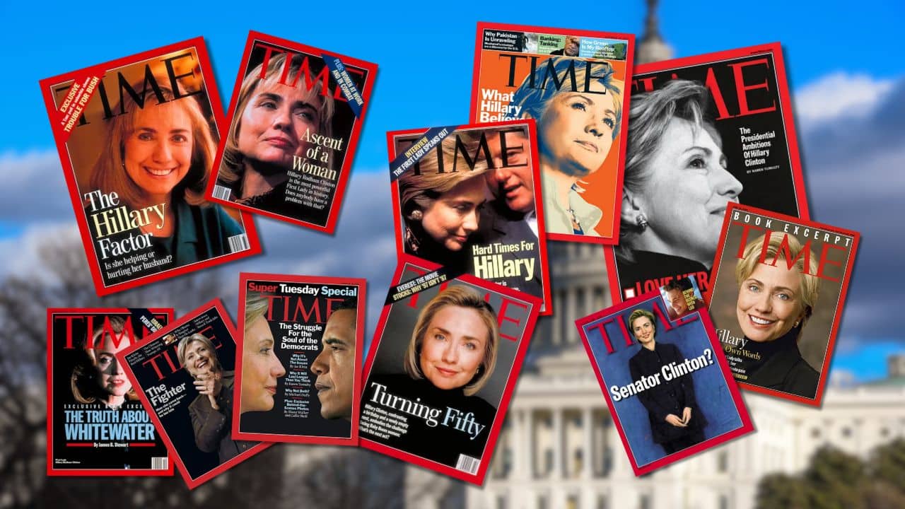 Hillary Clinton and an assortment of her TIME Magazine covers.