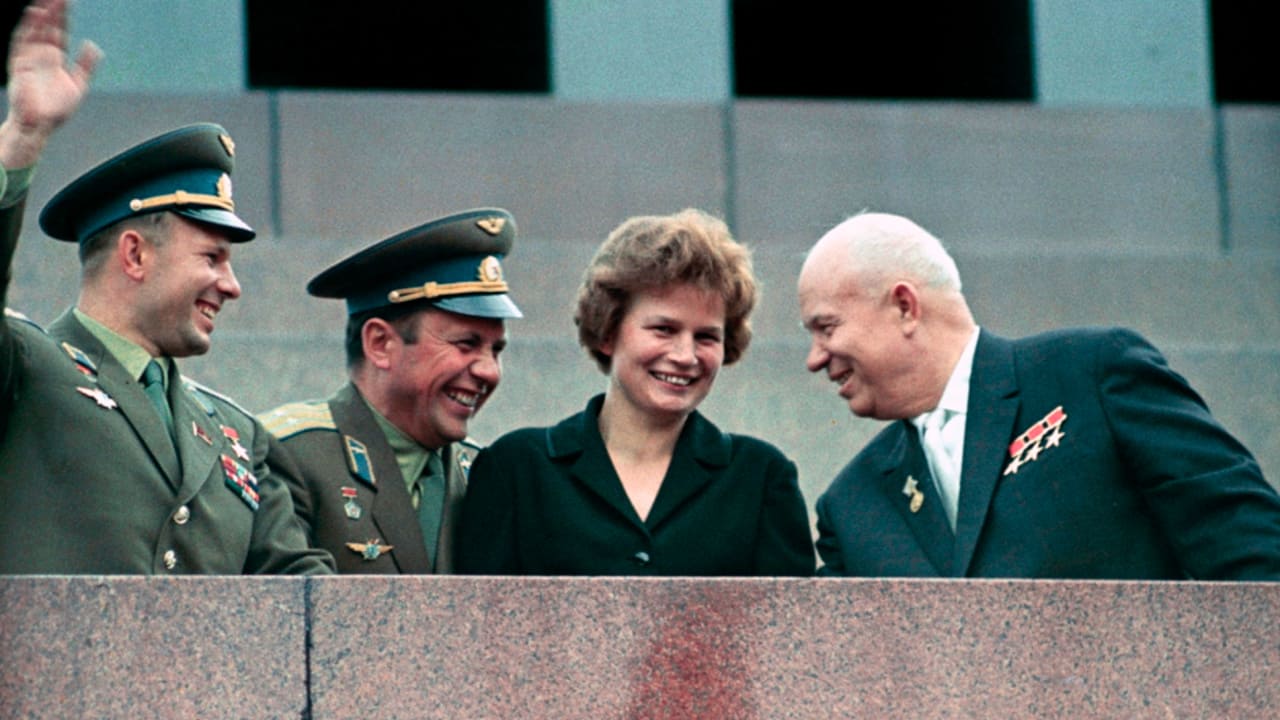 Nikita Khrushchev, Valentina Tereshkova, Pavel Popovich and Yury Gagarin at Lenin Mausoleum 1963