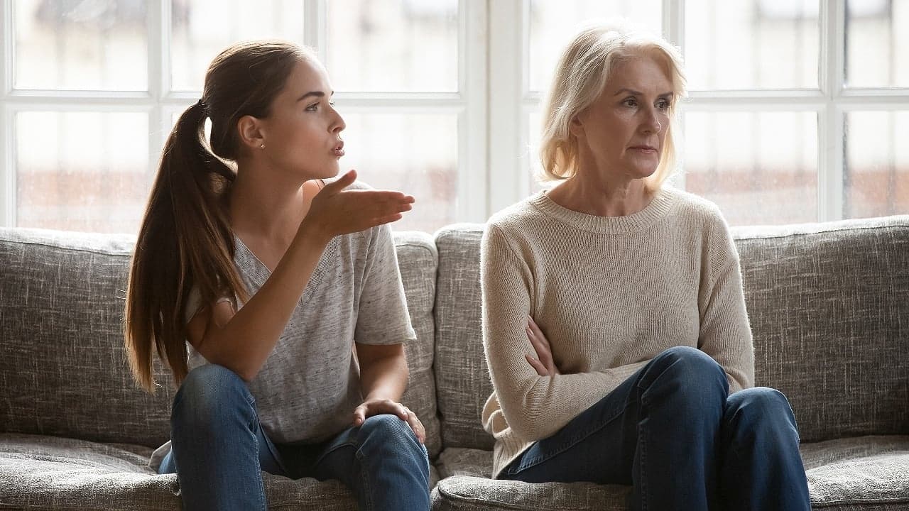 Younger Woman arguing with old woman, family fight, disrespectful, fighting, argument