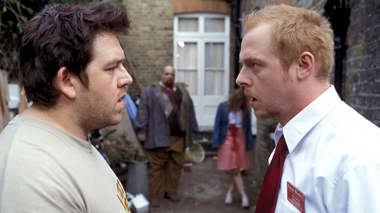 Mark Donovan, Nick Frost, Simon Pegg, and Nicola Cunningham in Shaun of the Dead (2004)