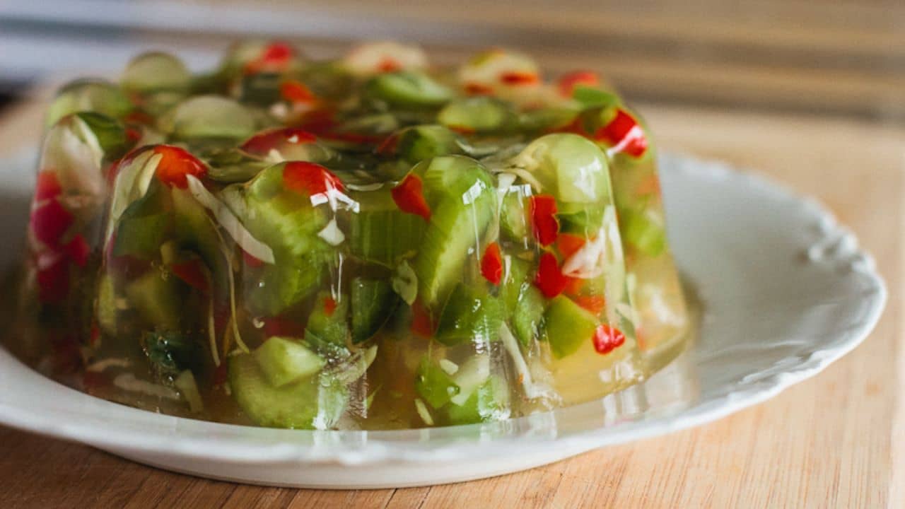 Perfection Salad: cabbage, celery, carrots, and pineapple suspended in a sweet and tart lemon gelatin.