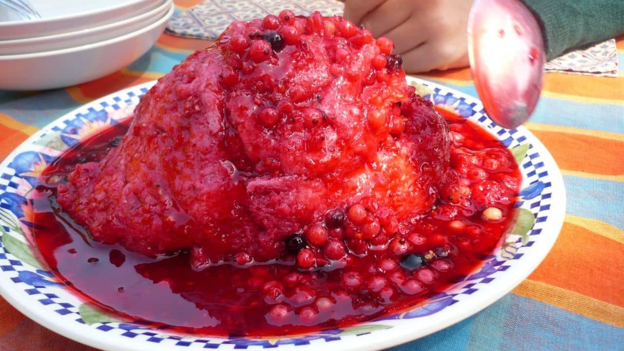 Summer pudding: macerated fruit and bread.