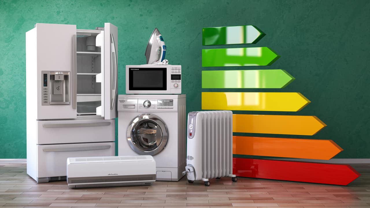 Energy efficiency of home kitchen appliances concept. 3d illustration efficient