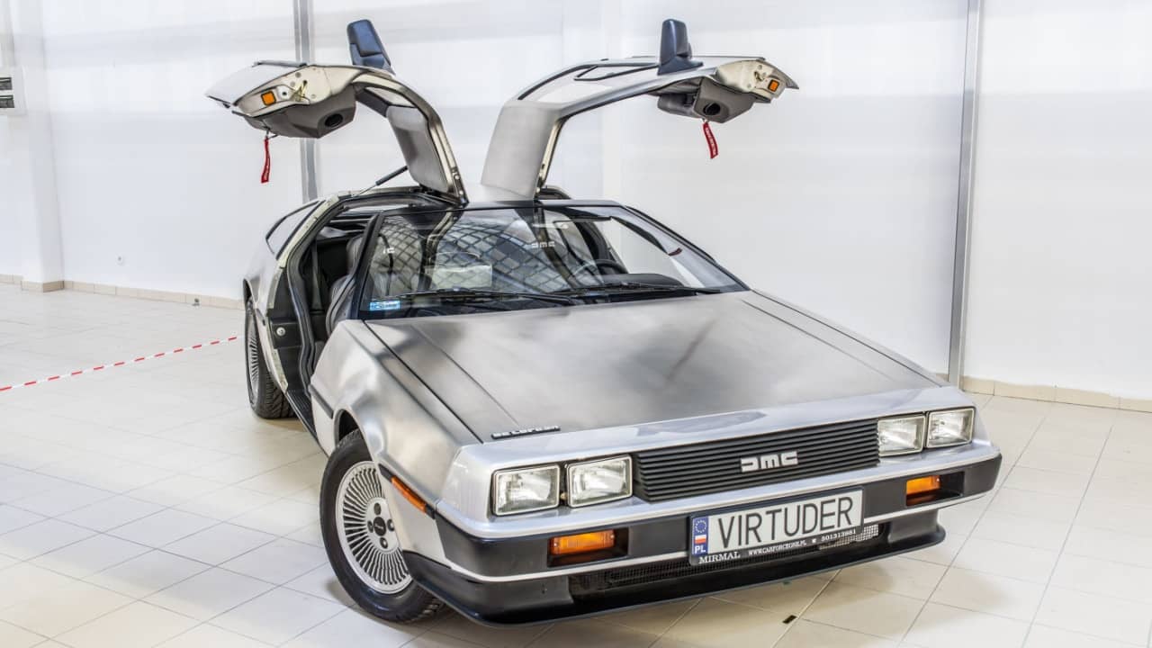 Nadarzyn, Poland, May 13, 2017 Warsaw Oldtimer Show: Delorean DMC-12 car from 1980s movie film Back To he Future. Delorean, doors up, butterfly doors.